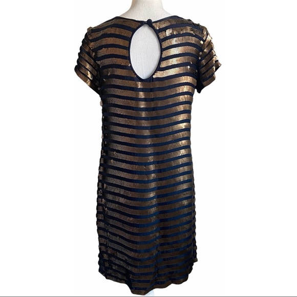 French Connection Sequin Shift Dress Size 4 Black Gold Stripe Short Sleeve Dress - Picture 8 of 15